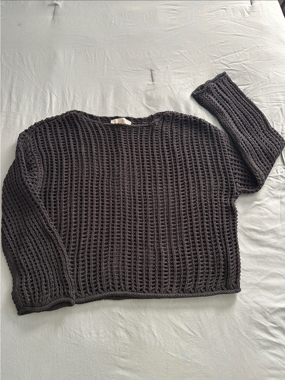 LOFT Black Open-Knit Crewneck Sweater